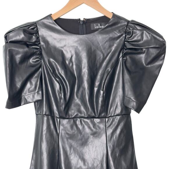 Lulu's Black Vegan Leather Puff Sleeve Fit and Flare Mini Dress (XS) - Picture 6 of 15